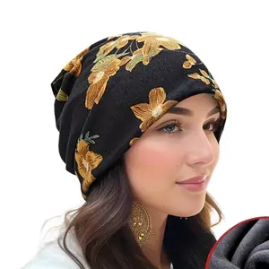 Floral Boho Turban Beanie Hat for Women – Soft Lightweight Stretchy Chemo Cap and Head Wrap, Stylish Comfortable Headwear for Hair Loss, Sleep, Travel, Yoga, or Daily Casual Fashion Wear in All Seasons