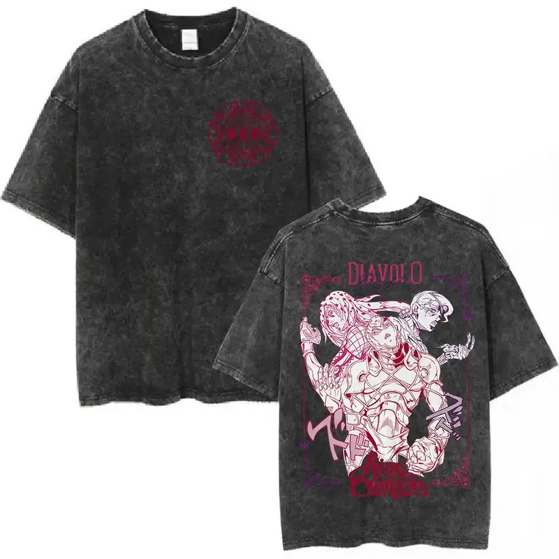 Anime JoJo Bizarre Adventure Vintage Washed T-shirt Diavolo Doppio Manga T-shirts Men Women Cotton Casual Oversized T Shirts
