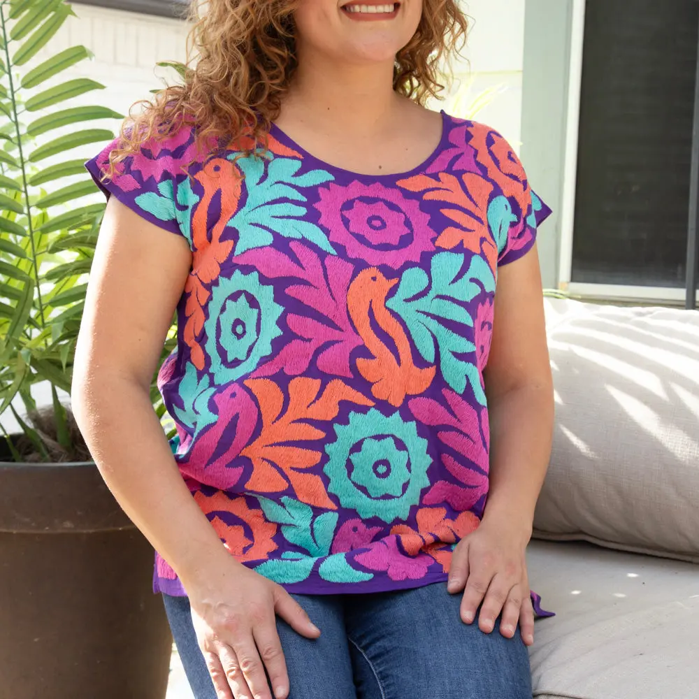 Women's Traditional Jalapa Huipil Blouse - Handmade 100% Cotton Mexican Tunic, Full Floral Embroidery, Elegant Loose-Fitting Lightweight Casual Wear, Dress Casual OOTD Ideas, Slight Variation, Relaxed Fit, Loose Fit, Lady, Full Body, Tunic Cut, Colorful,,