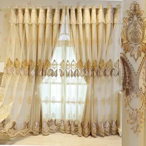Golden Embroidered European Style Double Layer Curtain, Luxury Stitched Light Blocking Drapes, Home Decoration Curtain for Living Room Bedroom Home Decor
