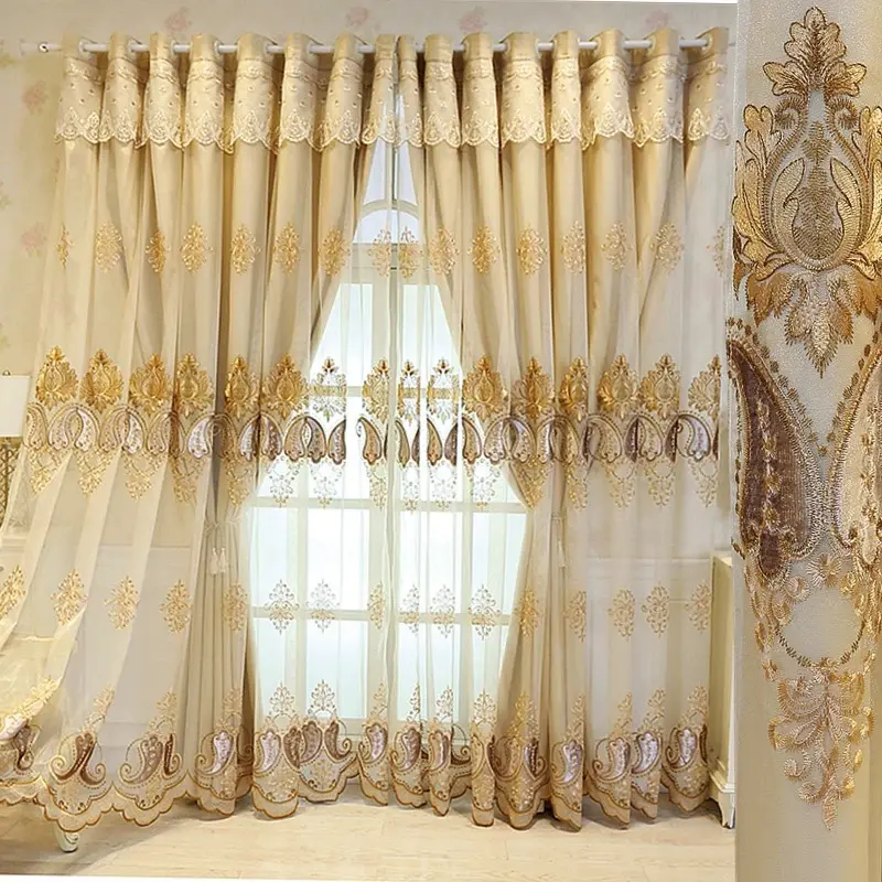 Golden Embroidered European Style Double Layer Curtain, Luxury Stitched Light Blocking Drapes, Home Decoration Curtain for Living Room Bedroom Home Decor, Window Curtain, Home Decorative Curtain, Embroidered Curtains