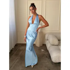 In A Trance Halter Corset Maxi Dress Blue