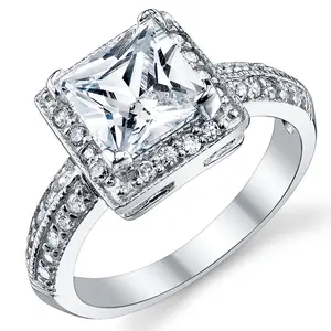 Women's 2 Carat Princess-Cut Halo Cubic Zirconia Sterling Silver 925 Wedding Engagement Ring