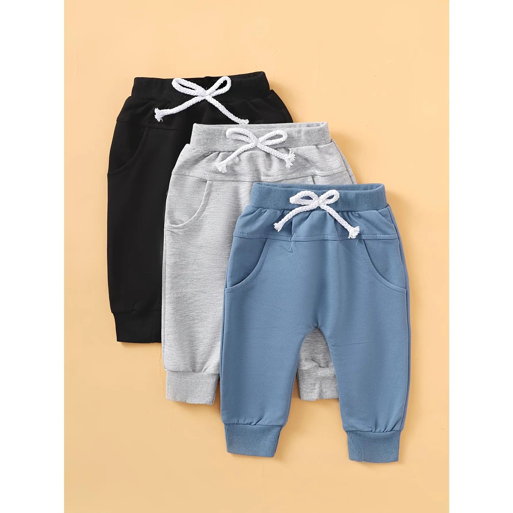 Baby Boy Basic Solid Color 3pcs Casual Pants - Cotton, Elastane Knit Bottoms for Outdoor Activities, 3-6M, No, Casual Wear, Regular Fit