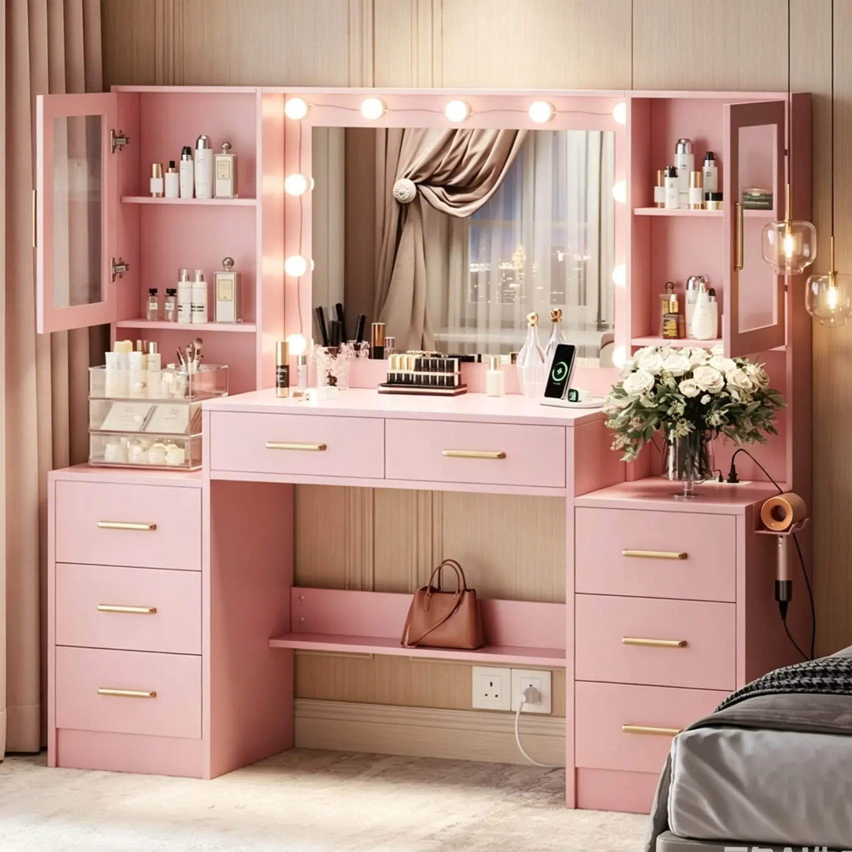 W Vanity with Power Outlet [Shipping By 2 Packages] Vanity Desk with Mirror and 10 LED Lights, Makeup Vanity with 12 Drawers and 2 Cabinets, Fold-up Panel, Glass Top Vanity Table with Chair for Bedroom,Deals For You Days