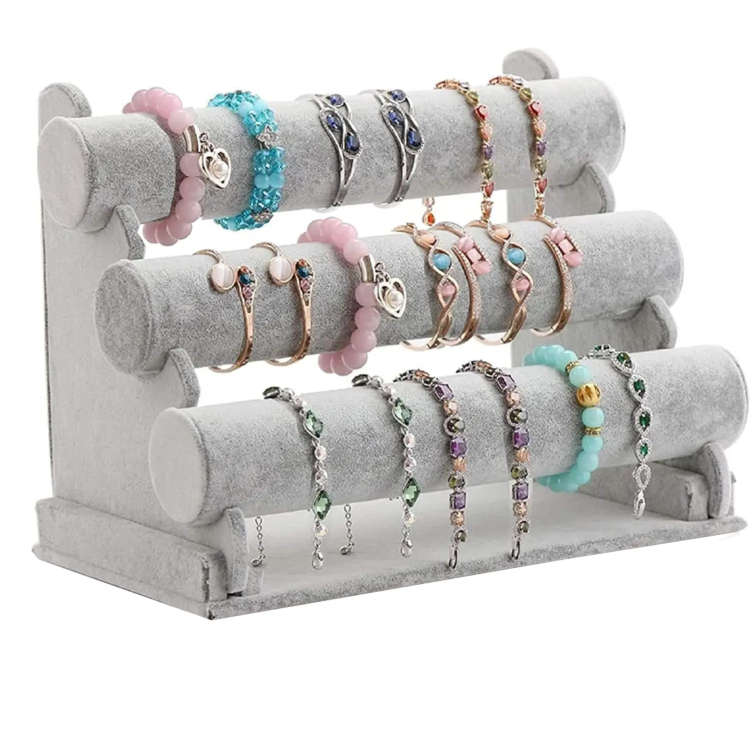 Wudygirl Ice Velvet 3-Tier 2-in-1 Home Jewelry & Beauty Organizer - 3-Tier Stack Display Box, Multifunctional Storage for Watches, Necklaces, Bracelets, Women’s Bathroom Gift with Drawstring (Gray)