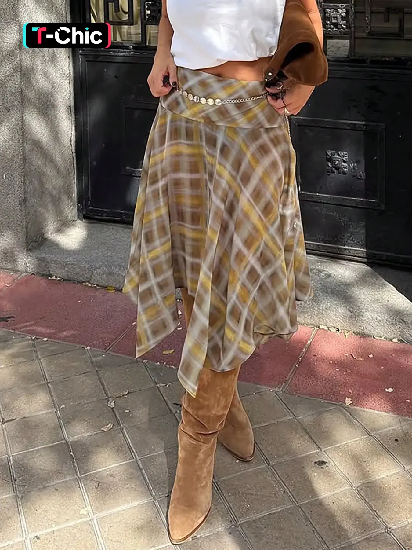 Women Plaid Midi Skirt Asymmetrical Hem Boho Bohemian Flowy Womenswear Skirt High Waisted Vintage Style Lightweight Fabric Casual Chic Fall Fashion Skirt Boho Casual Skirts Brown Yellow