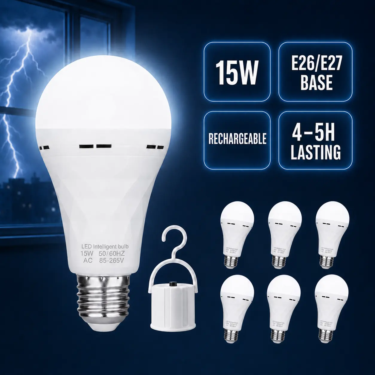 15W Rechargeable Emergency Light Bulb, 1500LM with 1200mAh Battery Backup, E26/E27 LED Bulb, 4-5H Emergency Lighting for Home Power Outages for Home Power Outage Garage Camping Hurricane Bulb Blackout