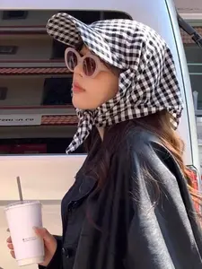 Scarf Tie Sun Hat, Adjustable Brim Outdoor Retro Plaid and Solid Scarf Brim Hat, Lightweight UV Protection Multifunctional Sun Hat