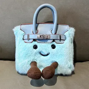 Cute Hairy Smiley Face Handbag Messenger Bag in Light Blue with Faux Fur and Leather Accents