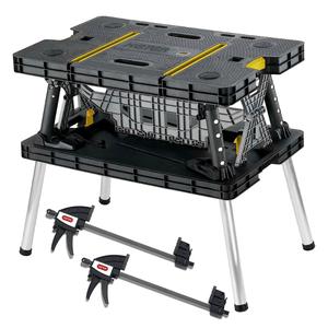 Keter Heavy Duty Portable Folding Table Tool Storage Stand Workbench Sawhorse with 12" Clamps for DIY Projects Home Improvement Weather Resistant Polypropylene Aluminum