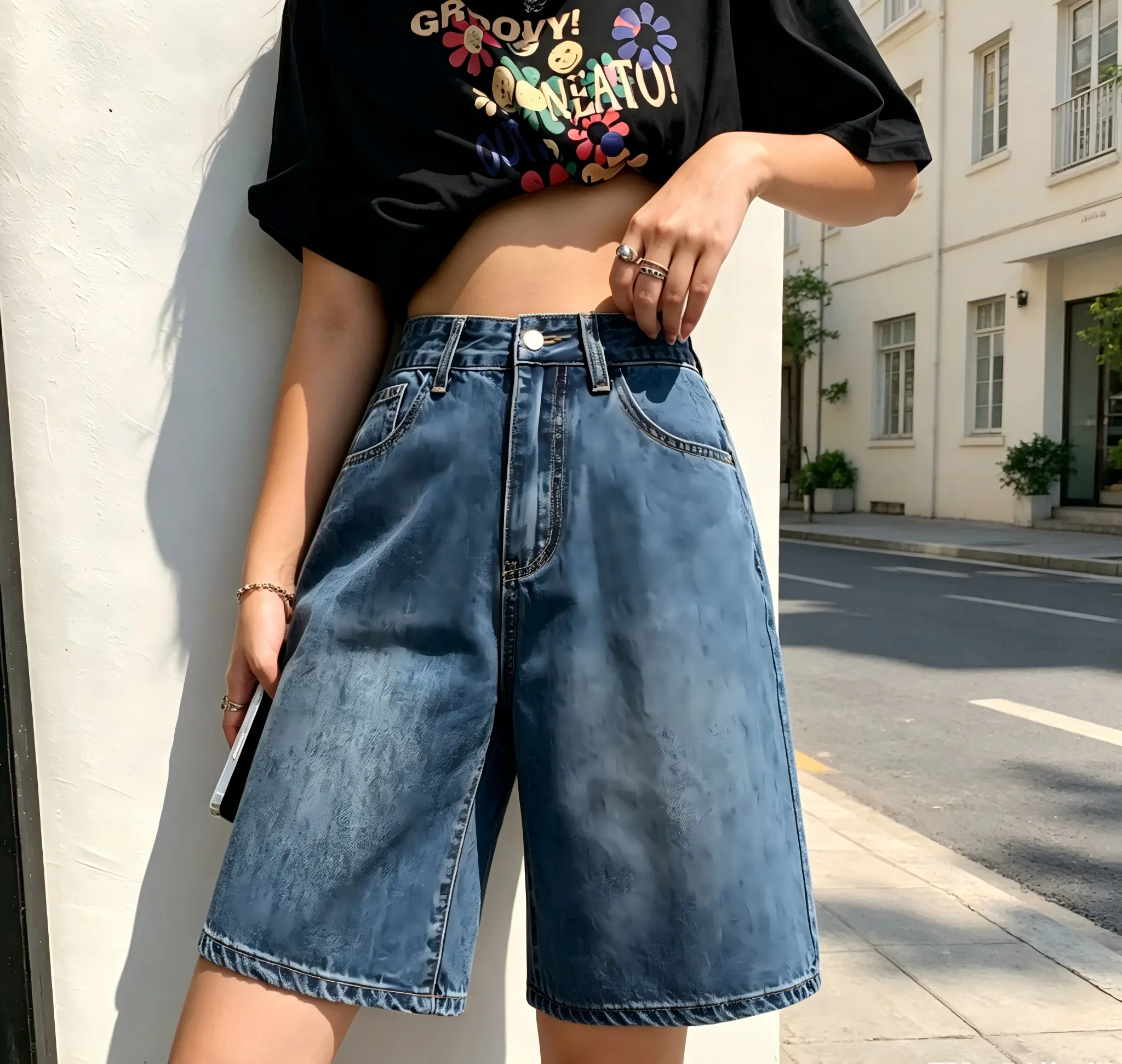 AgeRose Women's High-Waist Wide-Leg Denim Bermuda Bottoms - Comfortable Soft Fabric, Everyday Streetwear Jean Shorts for Women, Summer Casual Style