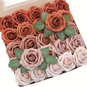 25pcs Boxed Foam Fake Roses, Shades Of Burnt Orange - Omber Colors Rose with Stem, Artificial Flowers Vintage For DIY Bouquets Boutonnieres Centerpieces, Wedding Bridal Shower Engagement Birthday Party Supplies, Holiday Ornaments, Holiday A