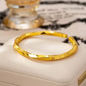 18K Gold Plated Mobius Open Bangle for Women - No Tarnish Engraved Stackable Bracelet
