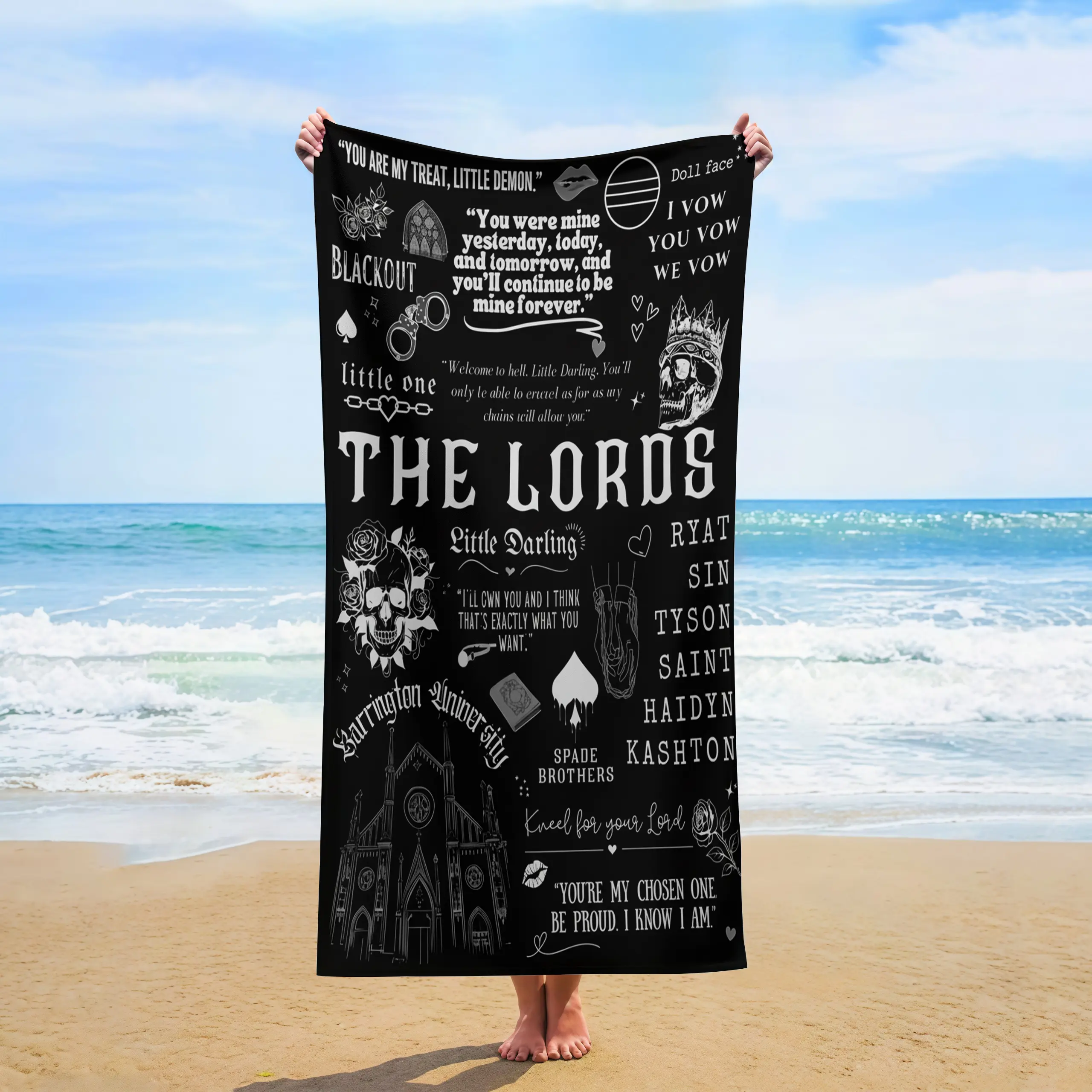 Dark Gothic Quote Beach Towel, "The Lords" & Skull Print, Quick-Dry Absorbent Towel for Pool Days, Edgy Summer Vibes & Gothic Aesthetic Lovers