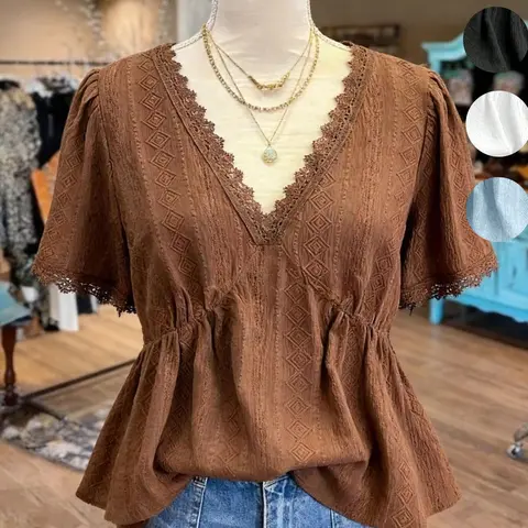 Women's Plus-Size Vintage Boho Bohemian Aesthetic Short-Sleeve Blouse, Chic Casual Loose Fit Shirt for Spring and Fall, Fashion Top