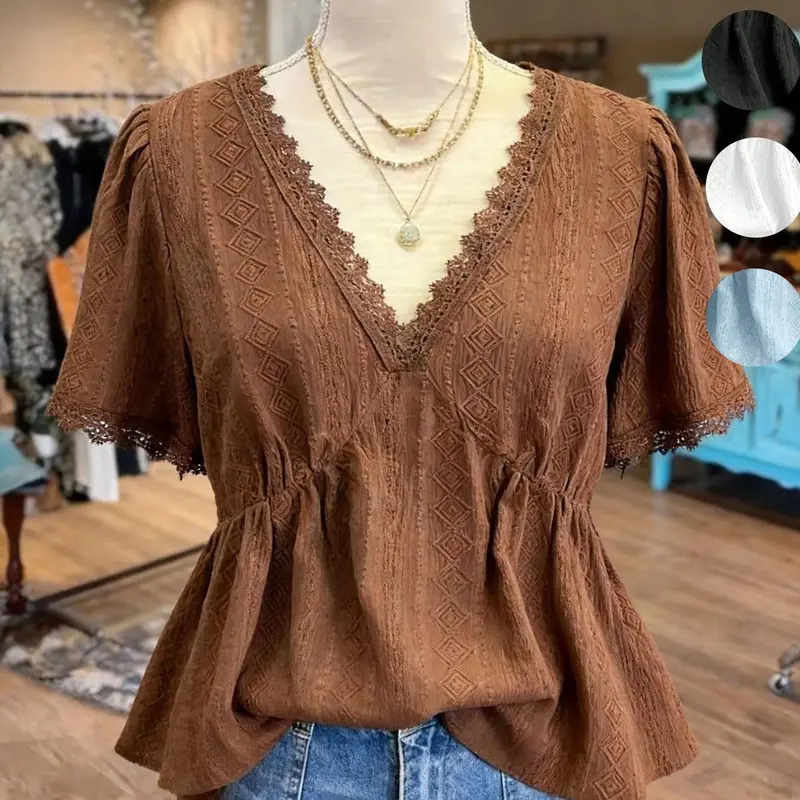 Women's Plus-Size Vintage Boho Bohemian Aesthetic Short-Sleeve Blouse, Chic Casual Loose Fit Shirt for Spring and Fall, Fashion Top