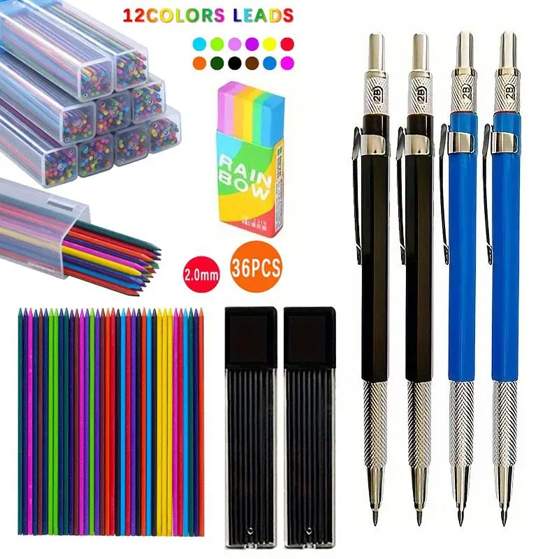 Mechanical Pencil Set, 75pcs/set Including 2 Counts Metal Automatic Pencil & 5 Boxes Lead & 1 Count Eraser, Stationery Supplies for Home Dormitory Sch