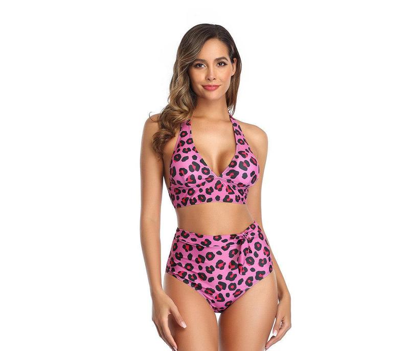 Bikini Ladies Sexy Large Size Leopard Print Split High Waist Halter Swimsuit AliExpress Cross-border