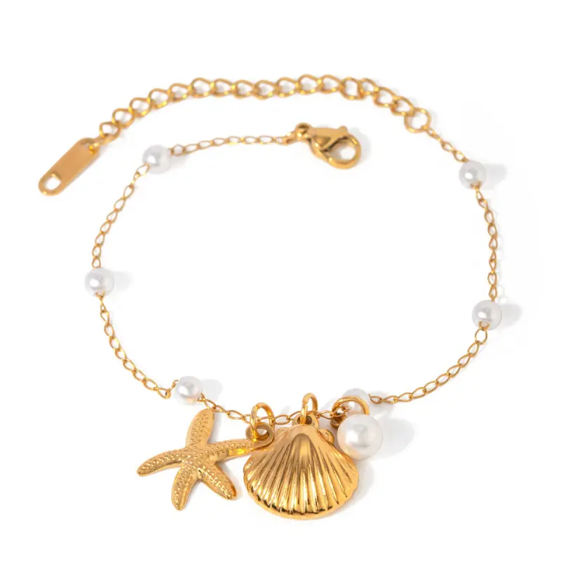 Astoro Coastal Shell Bracelet for Women, Mermaid Fashion Jewelry with Faux Pearls, Lightweight Adjustable Chain for Beachwear (17cm+5cm), Dimensions