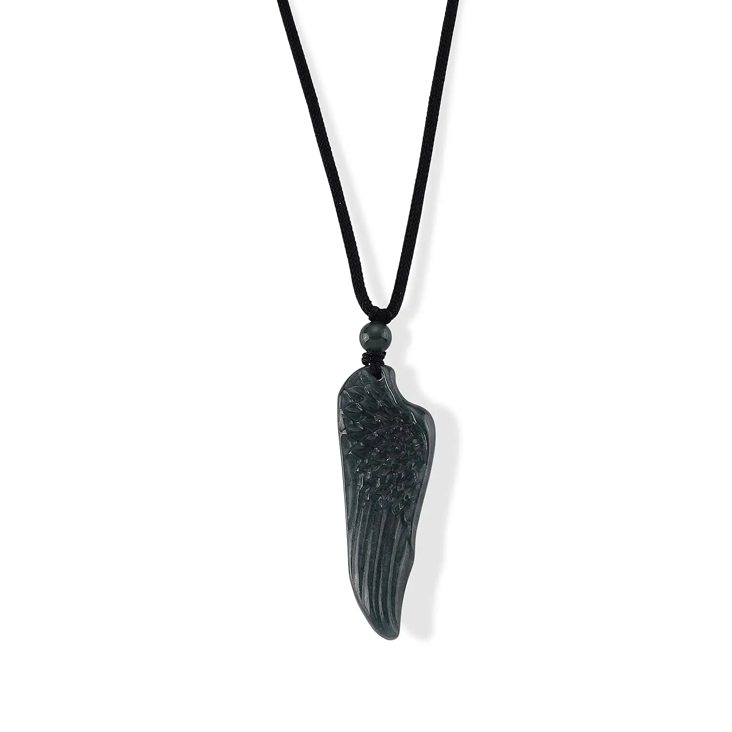 Natural Olmec Jadeite Carved Angel Wing Pendant with Black Cord Necklace (26-28 Inches) 45.00 ctw