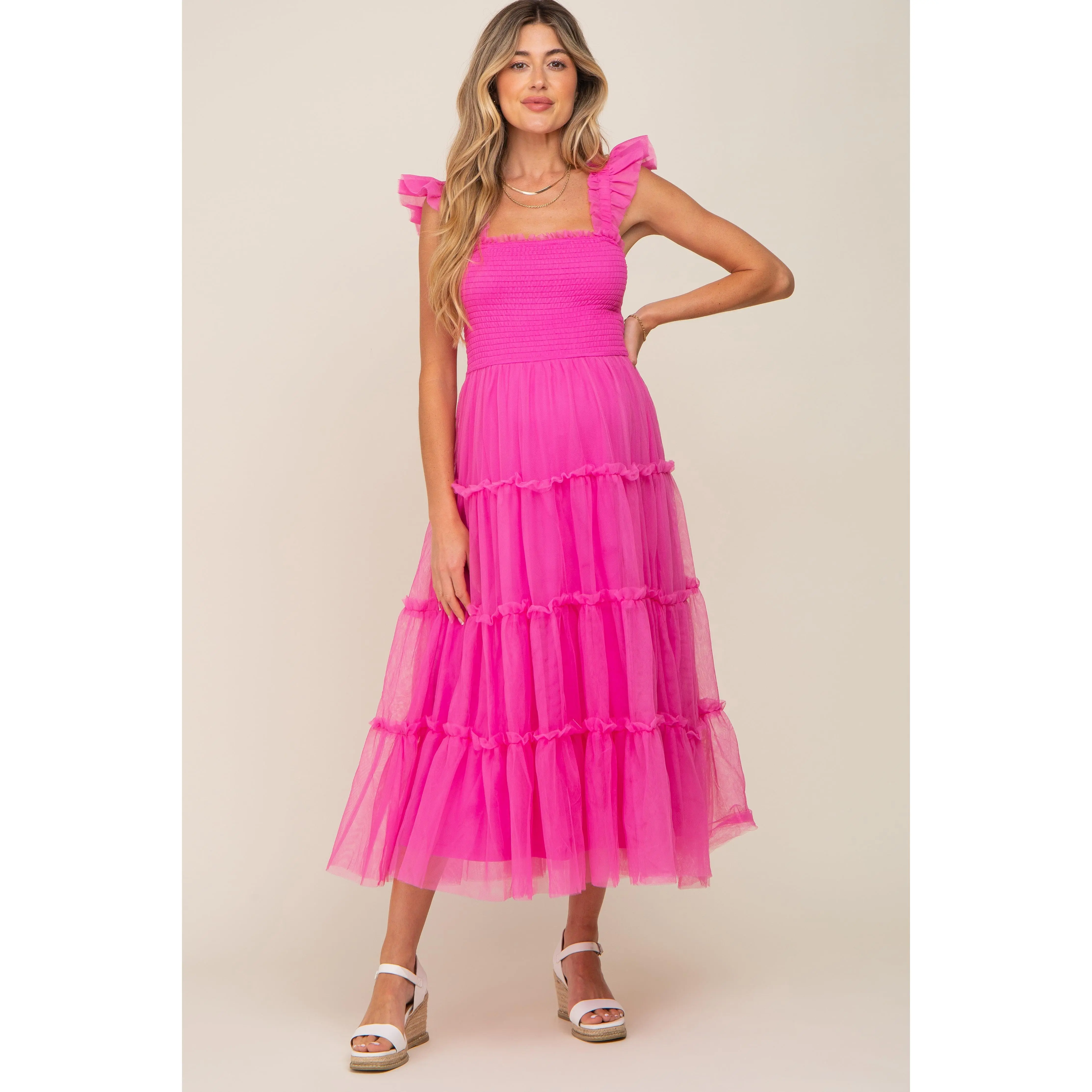Fuchsia Smocked Mesh Ruffle Accent Maternity Midi Dress, Maternity Wear, Pregnancy Dresses