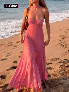Vacation Strapless Dress for Women, Womenswear, Lightweight, Slim-Fitting Minimalist Plain Solid Style, Perfect Summer Attire for Beach & Resort Getaways
