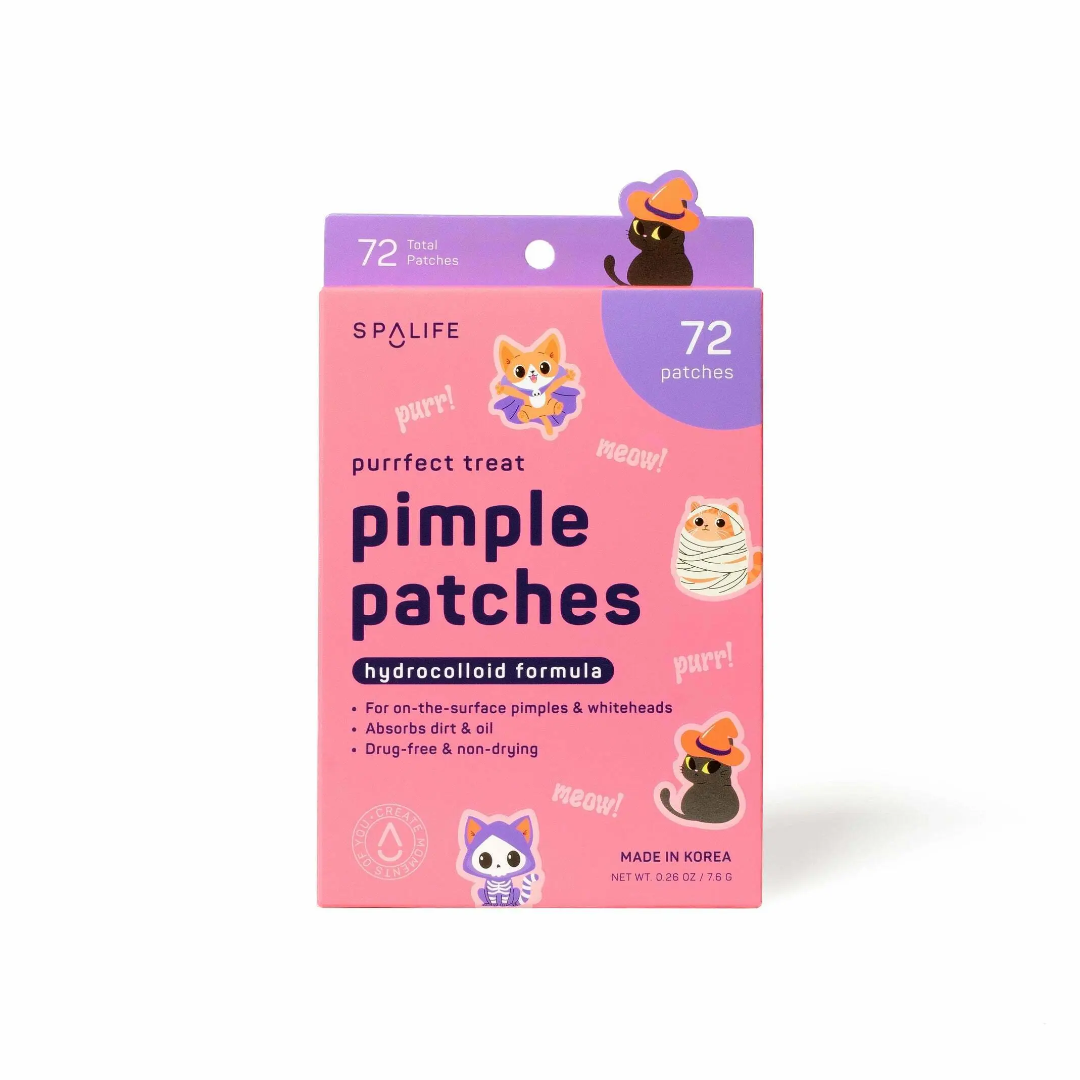 spa life Purrr-fect Pimple Patches, 72 Kitty-Shaped Hydrocolloid Acne Stickers for Halloween & Overnight Blemish Relief, Blemish Relief Care, Korean, Overnight Healing, 72 Patches, Facial, Normal, 10G, Spot Healing