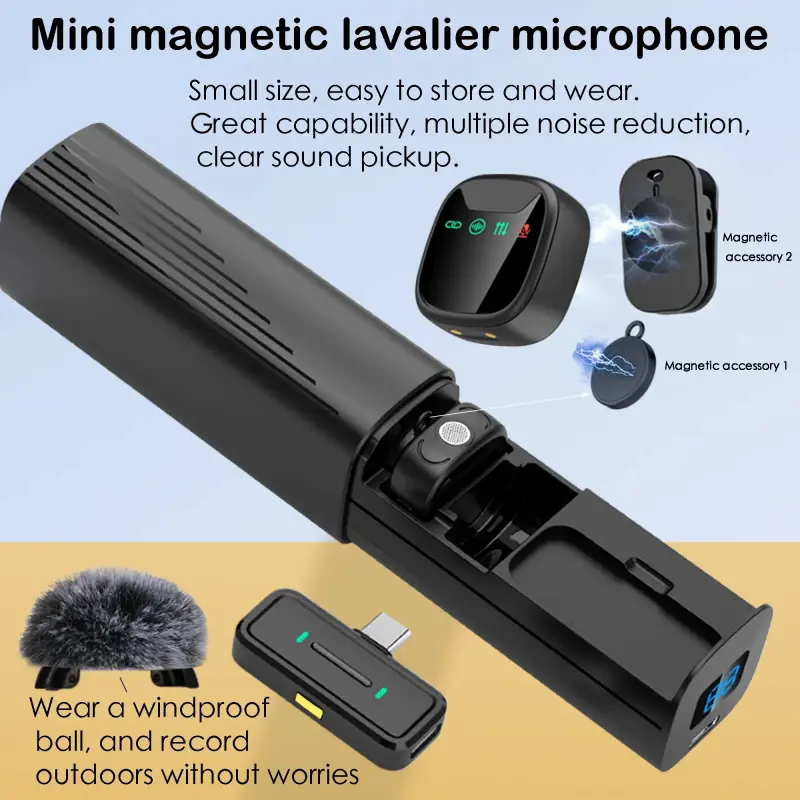 This plug-and-play wireless lavalier microphone features a charging case, LED display, and noise cancellation, making it ideal for smartphone interviews, podcasts, and vlog recordings. With a charging port, it's perfect for video recording and podcasting.