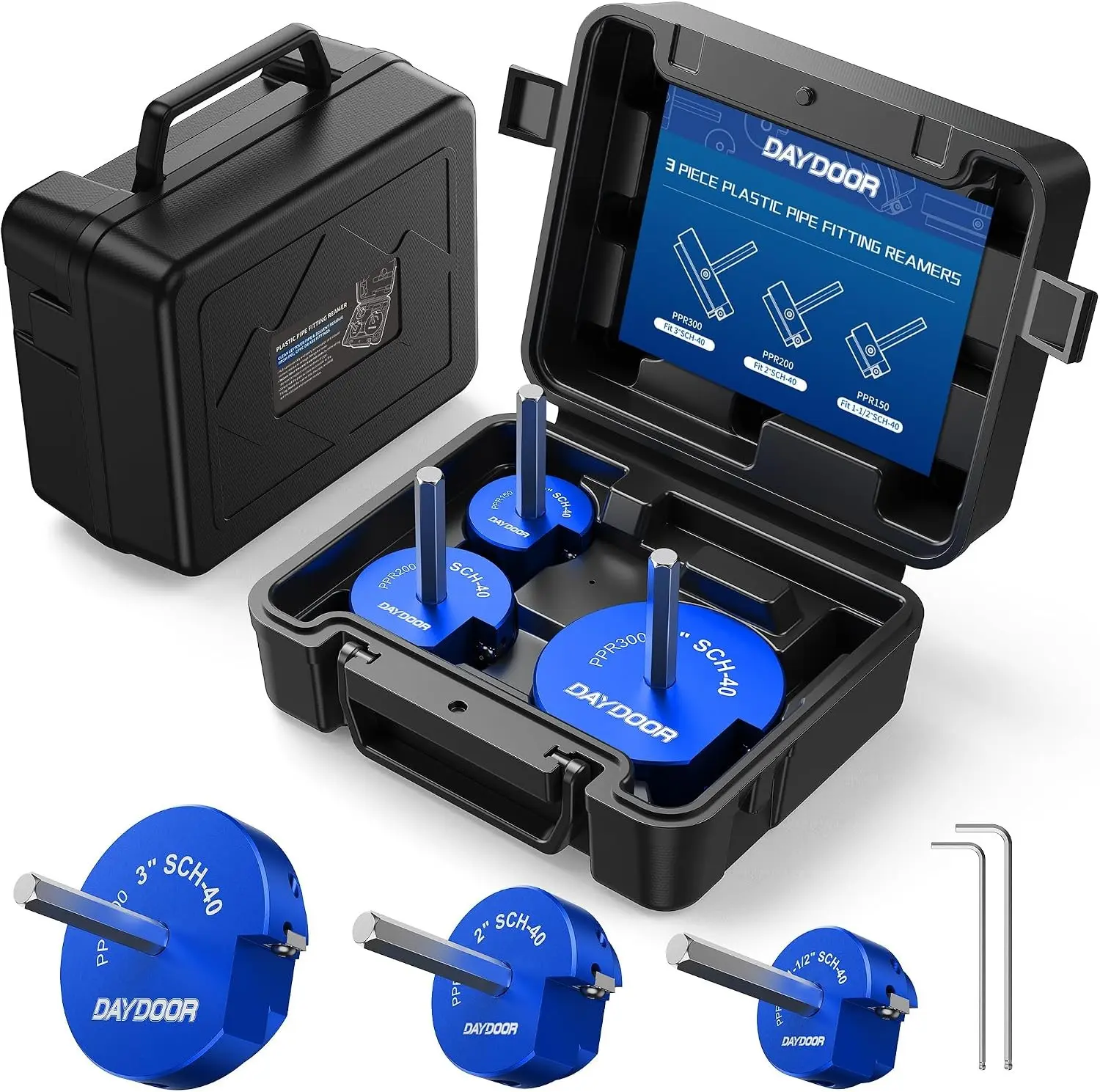 3-Piece PVC Pipe Reamer Kit, 1-1/2", 2'', 3" Fitting Saver Set, Socket Saver Tool with 4-Sided Carbide Blade for Schedule 40 PVC, CPVC, ABS, Plumbing Hub Reamer for Removing Pipe from Fittings
