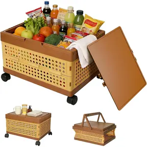 Picnic Basket with Wheels -32L Large Capacity Plastic Storage Bins, Portable Baskets with Handles, Multifunctional Collapsible Basket for Picnics, Camping, Beach, Outdoor,  Organizing