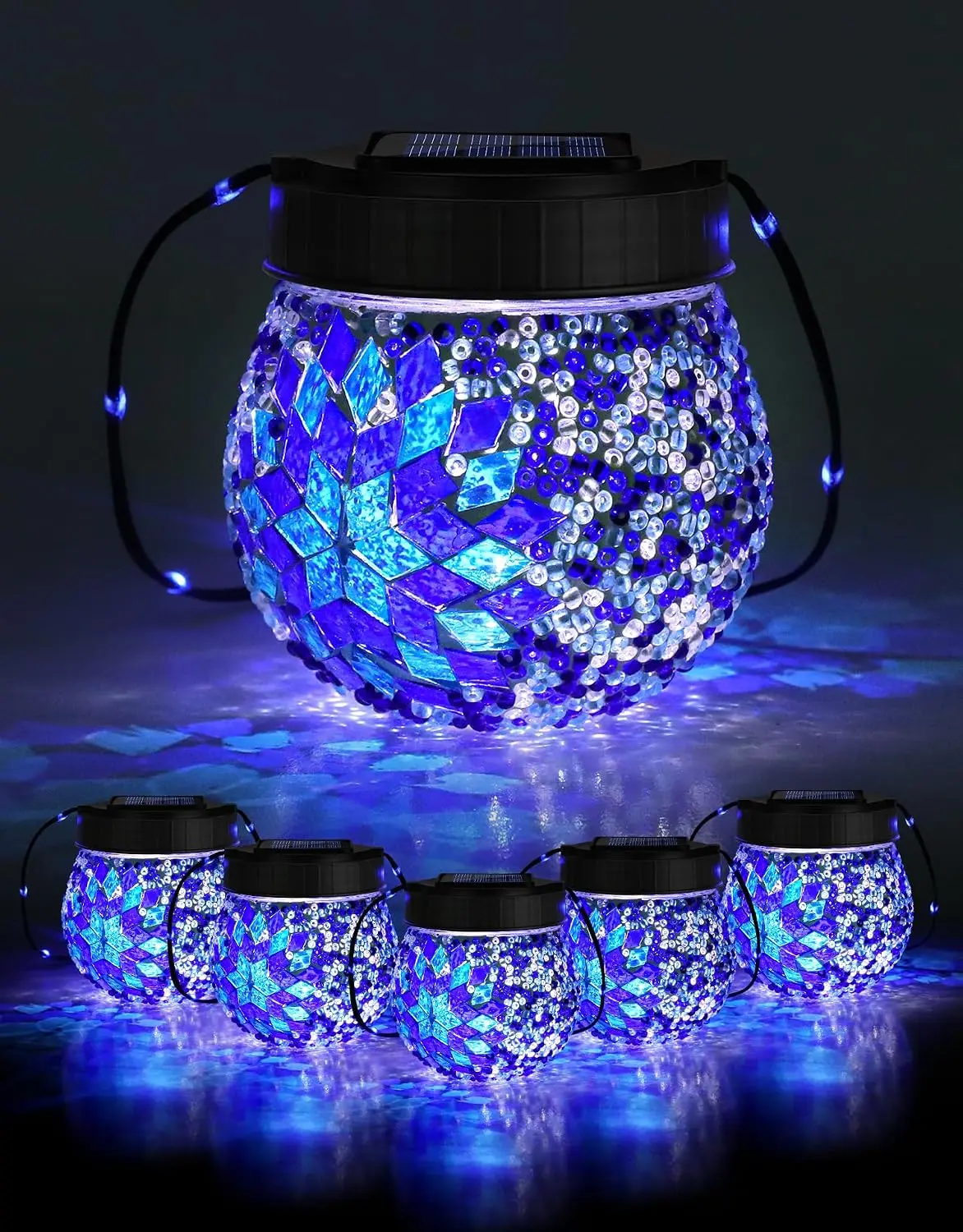 Mosaic Solar Lights Outdoor 4 Pack, Solar Hanging Lanterns Christmas Halloween Gifts for Women Mom Grandma, Waterproof Glass Globe Lights, Garden Patio Decor for Yard, Tree, Balcony, Cold