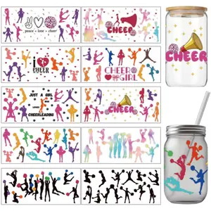 10 Sheets Cheerleading UV DTF Cup Wrap Transfer Stickers for Glass, Cheer Colored Paper Rub on Transfers Decal for 16OZ Glass Cups Furniture Craft Wood DIY Crafts