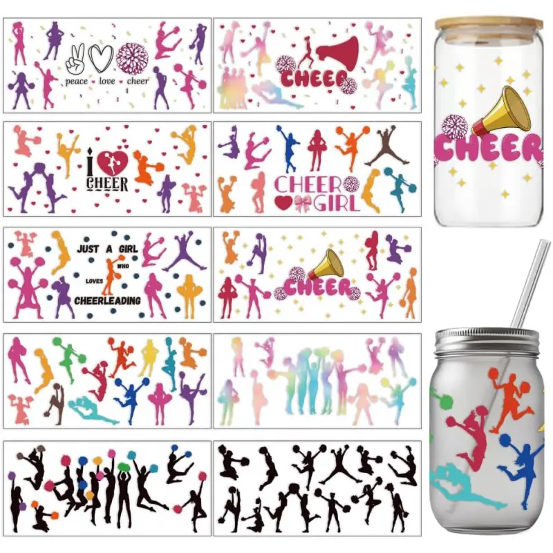 10 Sheets Cheerleading UV DTF Cup Wrap Transfer Stickers for Glass, Cheer Colored Paper Rub on Transfers Decal for 16OZ Glass Cups Furniture Craft Wood DIY Crafts
