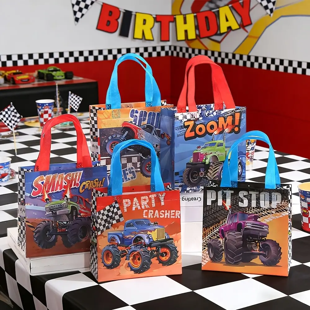 Truck Theme Non-Woven Gift Bags Bulk with Handles, Colorful Truck Print Party Gift Bags, Truck Racing Birthday Party Supplies, 12/24/40pcs Set, Gift Wrap Bags, Goodie Bags