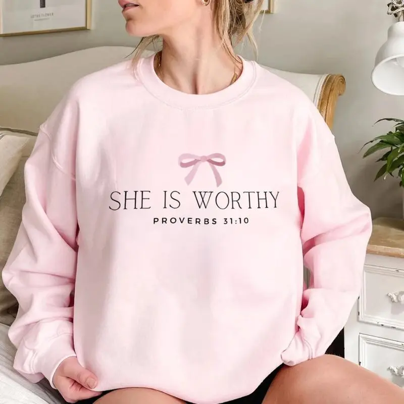 She Is Worthy Crewneck Sweatshirt, Bow Sweatshirt, funny mom sweatshirt, Womens Sweater