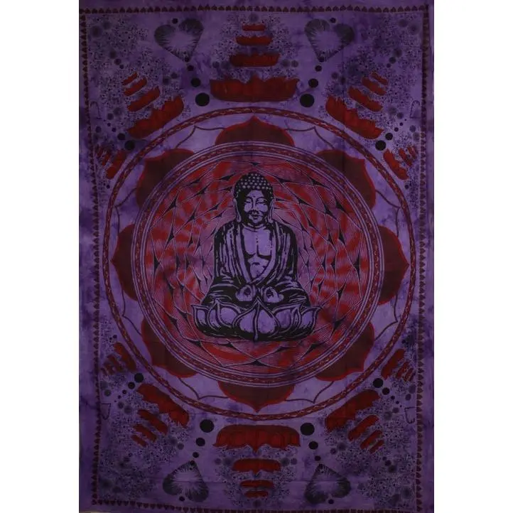Purple Buddha In Dharma Chakra Mudra On A Lotus Flower Tapestry
