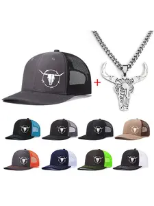 Unisex Bull Head Necklace & Baseball Cap Set, Casual Fitted Design, All-Season Wear, Ideal for Men & Women, Perfect for Daily Accessories Set