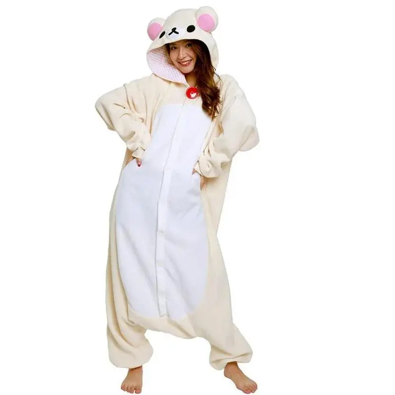 Cartoon Rilakkuma Women's Long Sleeve Onesie Pajamas - Autumn Winter Warm Loungewear, Casual Couple's Home Nightwear Set, Ideal Gift