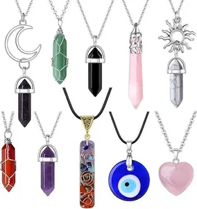 10PCS Crystal Necklace Crystals Carnelian Chakra Necklaces Evil Eye Necklace Vintage Hippie Boho Rose Quartz Moon Sun Jewelry Heart Gemstone Pendant for Women