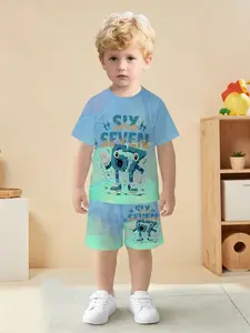 Six Seven Robot Print Short Sleeve Set, Casual Asymmetrical Design, Fitted H-Type Shorts, All over Print, Regular Length Tops