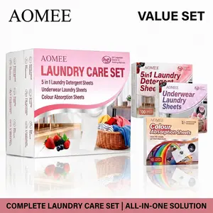 AOMEE 5in1 laundry sheets super value pack contains 100 + 50 + 10 sheets, total 160 sheets. Powerful clean and safety ingredients, without harsh chemical residues from demanding chemicals, gentle onskin, For underwear and color-absorbing detergent