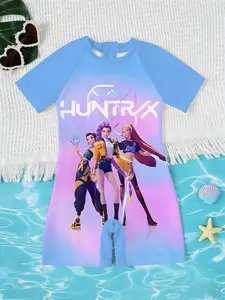 Girls' Kpop Series Jumpsuit Swimwear, Summer Short Sleeve Quick-Dry Blue Gradient Cartoon Print, Beach Vacation Swimsuit
