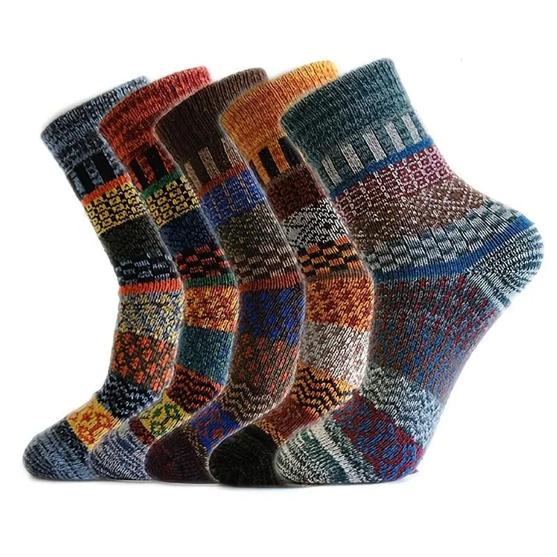 Women's 5 Pairs Mixed Color Elegant Rabbit Socks - Thick Vertical Stripes Ethnic Aesthetic, Mid-Tube, Cold Wash Safe for Autumn Winter Cold Weather Comfort & Cultural Fashion (Easter, Thigh High Option Available), Contrast Binding