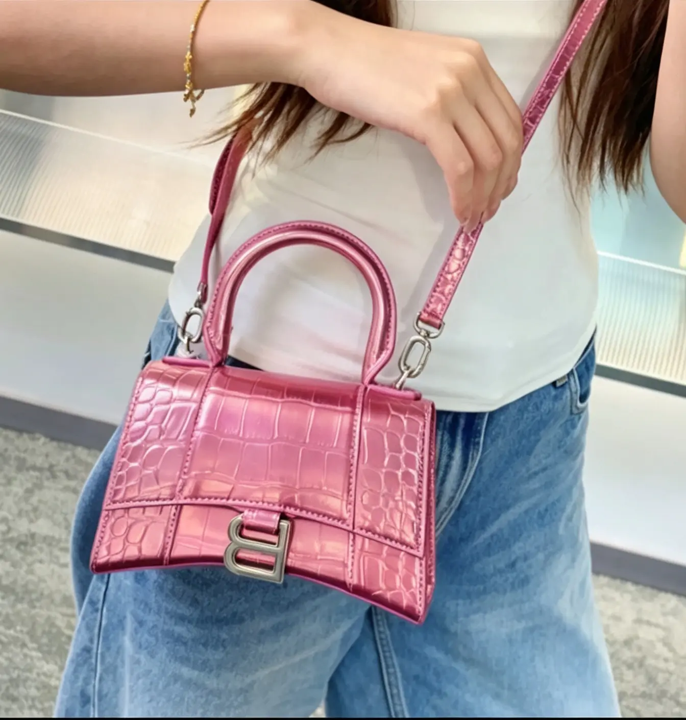 Pre-owned Balenciaga Hourglass Small Metallic Pink Croc Embossed Silver HW Crossbody Bag