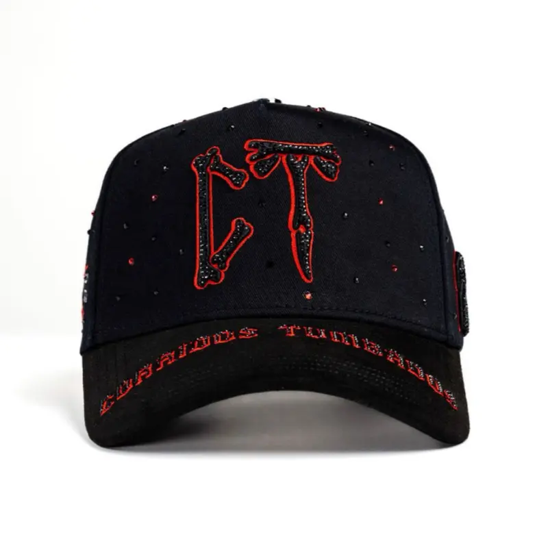 CT Black Baseball Cap with Red Embroidery and Rhinestones for Men and Women