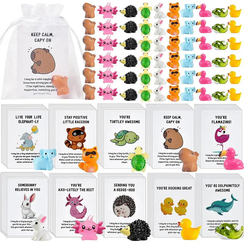 60Set Employee Appreciation Gifts Bulk , Thank You Staff Gift with Animal Pun Note Cards for Coworkers, Quality Materials Funny Resin Ducks Stars Whales Turtles Owls Favors