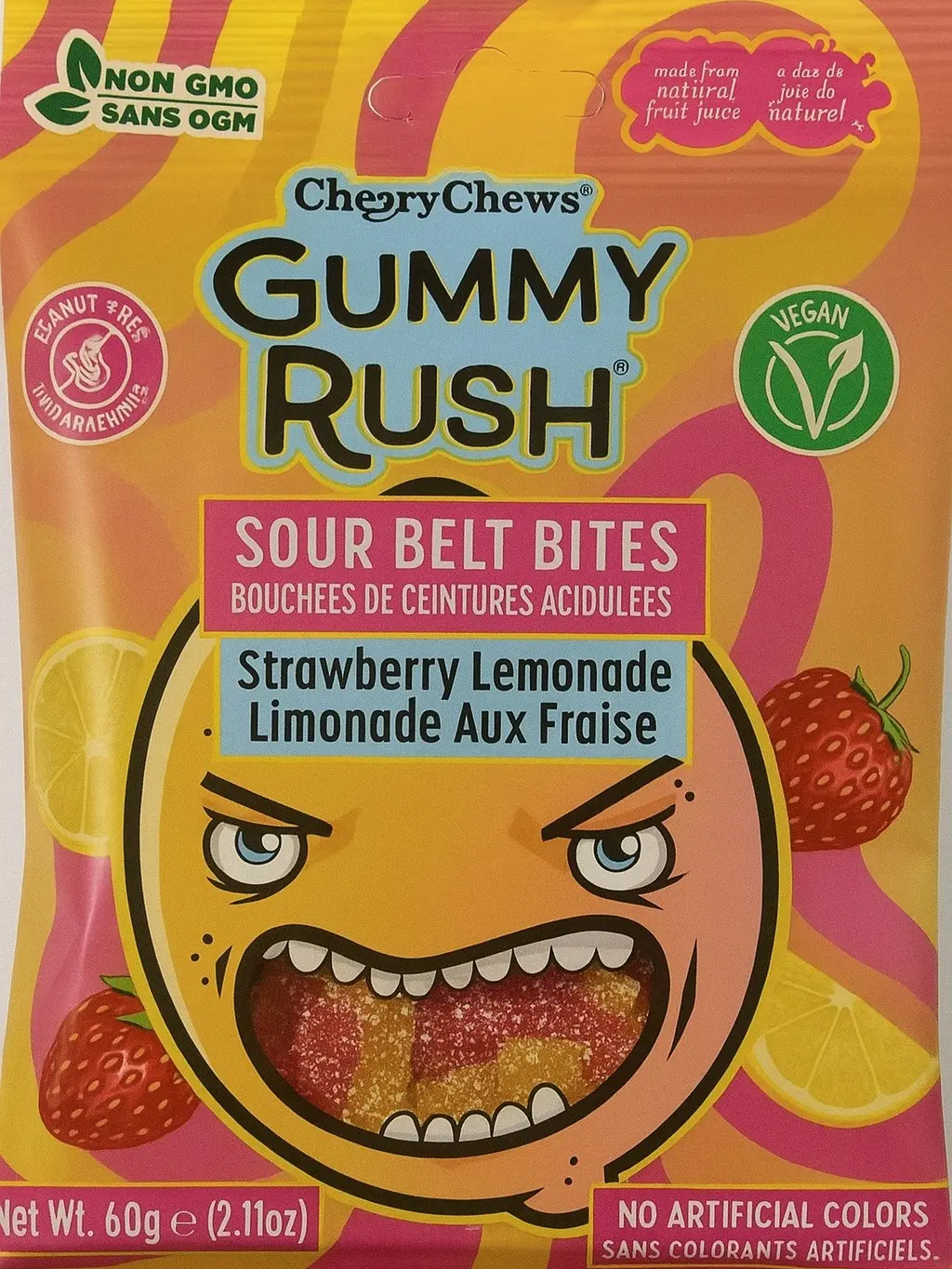 CheeryChews Gummy Rush Sour Belt Bites Strawberry Lemonade Halal Non-GMO Vegan Egg-Free Soy-Free Fish-Free Shellfish-Free Sesame-Free Chewy Candy Snack 60g - Sweet
