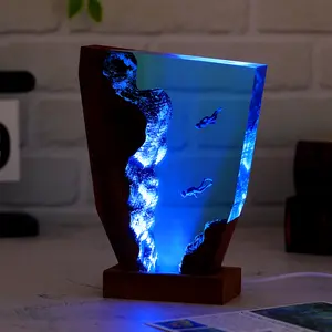 Drawelry   Ocean Resin Wood Light Decor Ornament, Handmade Resin Wooden Lamp Multicolor USB Night Light,Deep Sea Marine Animals Cave Diving Nightlights Christmas Birthday Gift for Men Husband Friend Family Blue