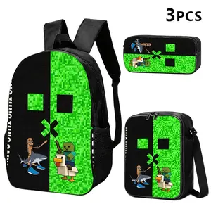 Durable Water Resistant 3-Piece Backpack Set for Kids, Lightweight School Bag with Lunch Box, Featuring Split Half-Green Pixel Creeper Full-Print, Funny Shark-Rider & Zombie-On-Duck Cartoon Graphic for Sandbox Game Fans Daily School & Casual Use
